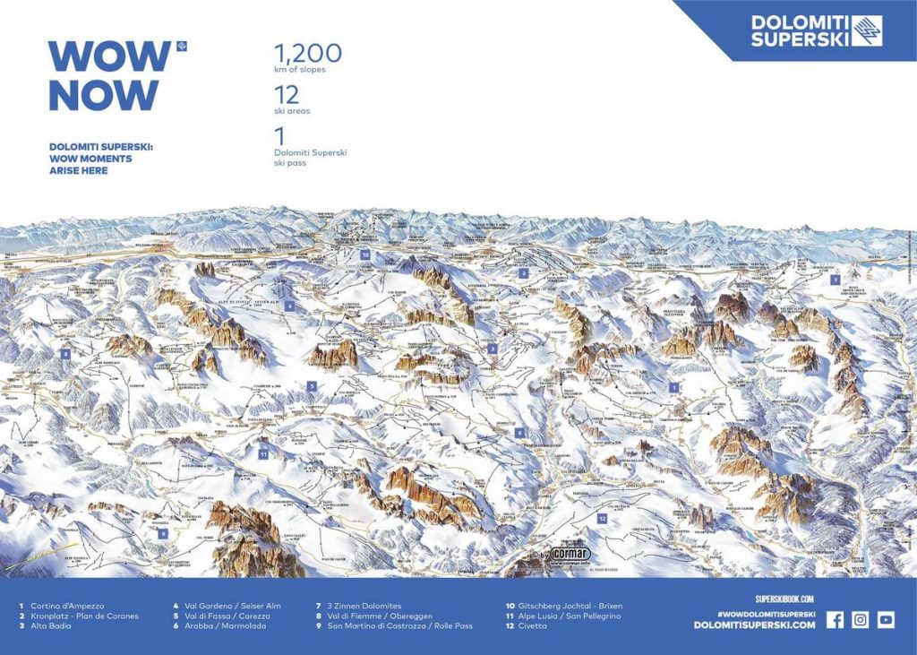 Mappa di tutte le ski area incluse nel comprensorio Dolomiti Superski